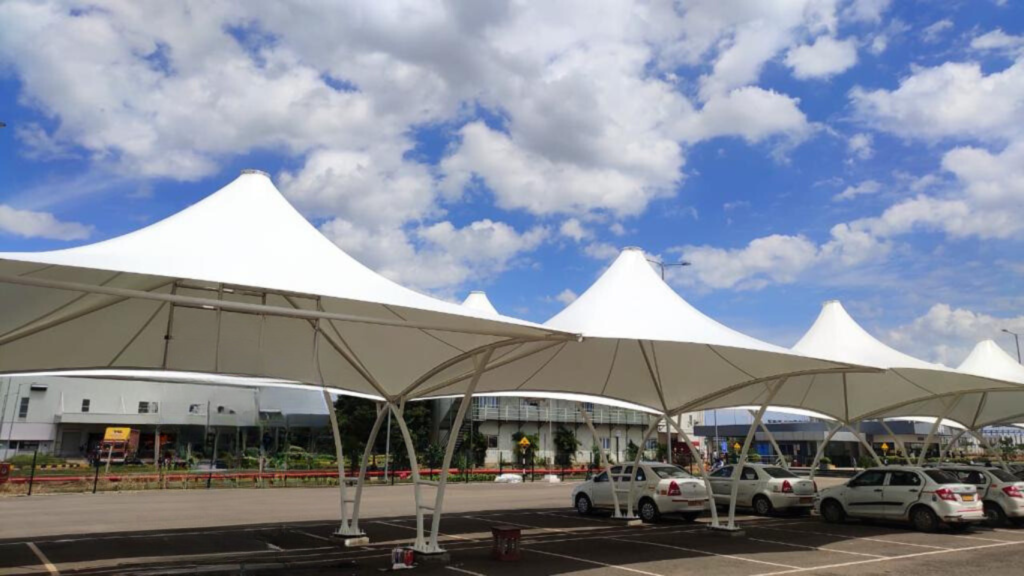 "A stunning dual cone tensile structure showcasing innovative design and engineering."